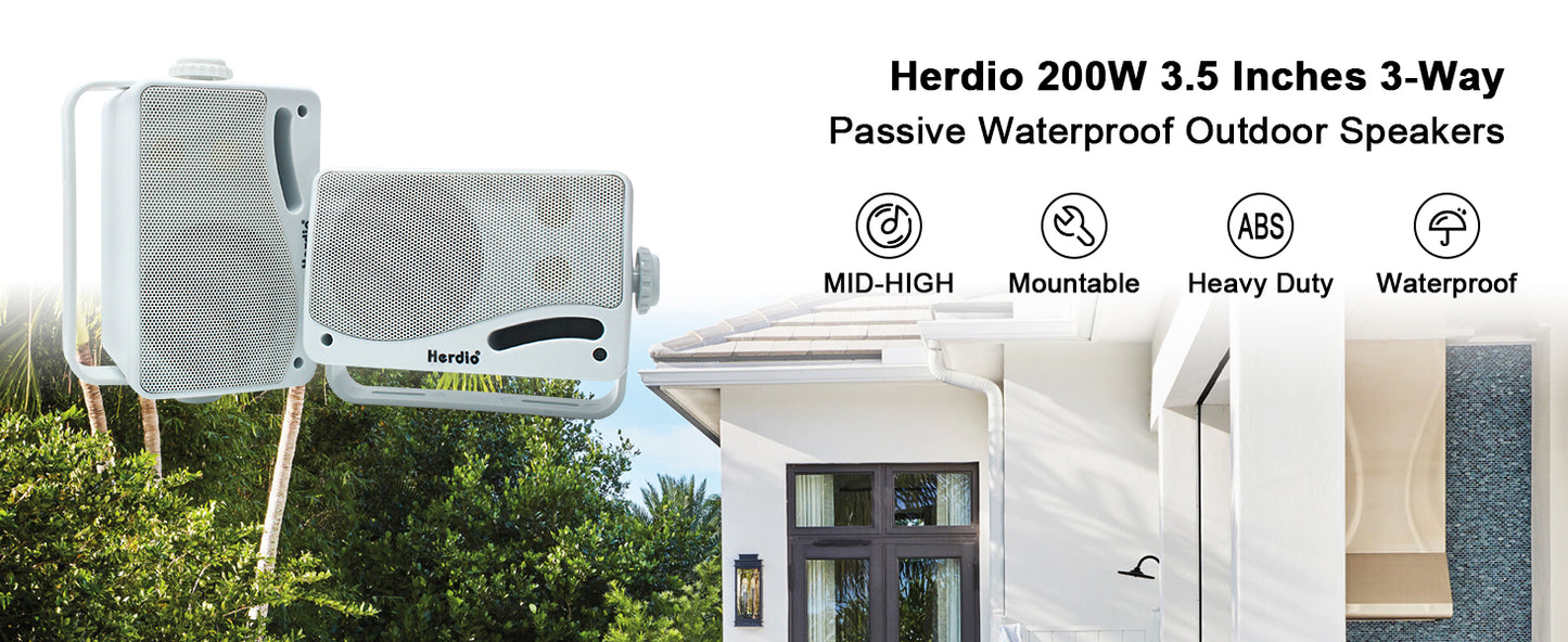 Herdio 3.5'' 2PCS Passive Outdoor Speakers Wired Waterproof 200W 3 Way Premium Mountable Wall Mount Speakers With Superior Sound