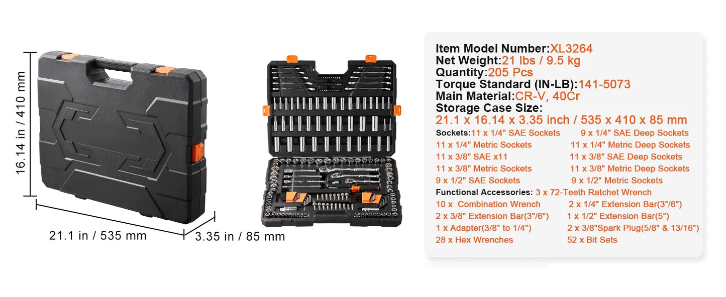 SucceBuy Mechanics Tool Set and Socket Set Deep and Standard Sockets 145/205 Pcs SAE and Metric Mechanic Tool Kit with Bits