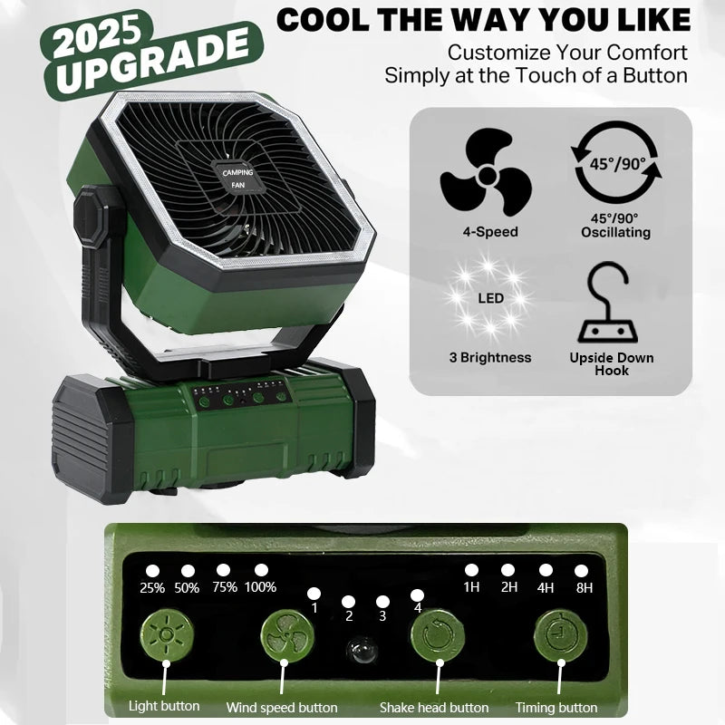 20000mAh Portable LED Camping Fan USB Rechargeable Outdoor Cooling Fan Self-contained Bluetooth speaker design Tents hiking
