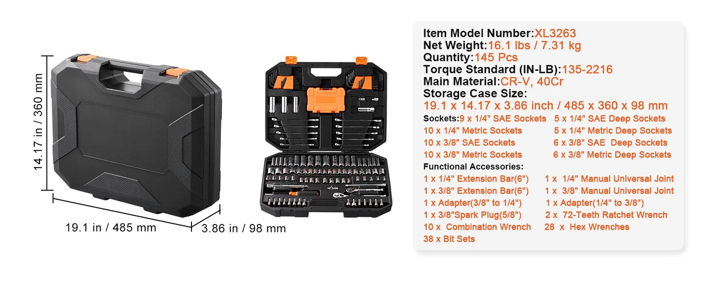 SucceBuy Mechanics Tool Set and Socket Set Deep and Standard Sockets 145/205 Pcs SAE and Metric Mechanic Tool Kit with Bits