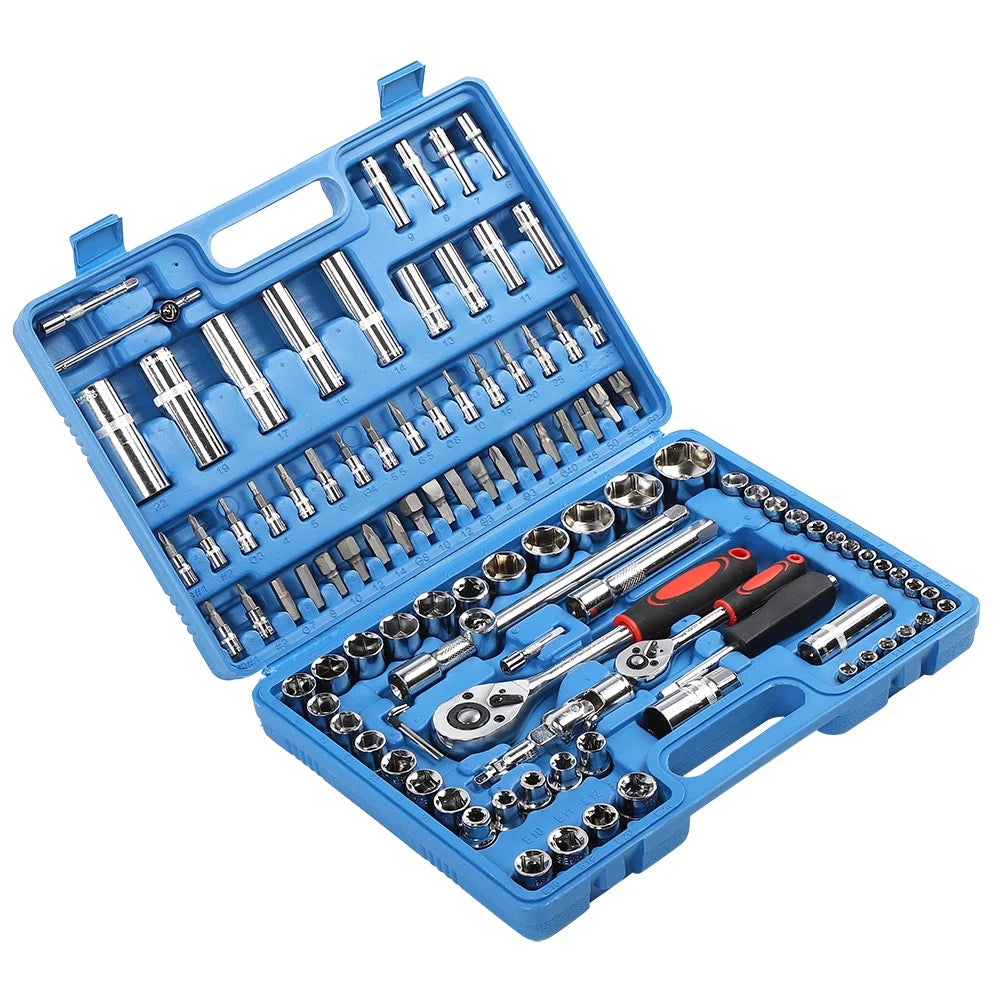 108Pcs Ratchet Wrench Socket Set 1/4in 1/2in CR40 Steel Socket Set Tool Case + Box Hand Tool Kits