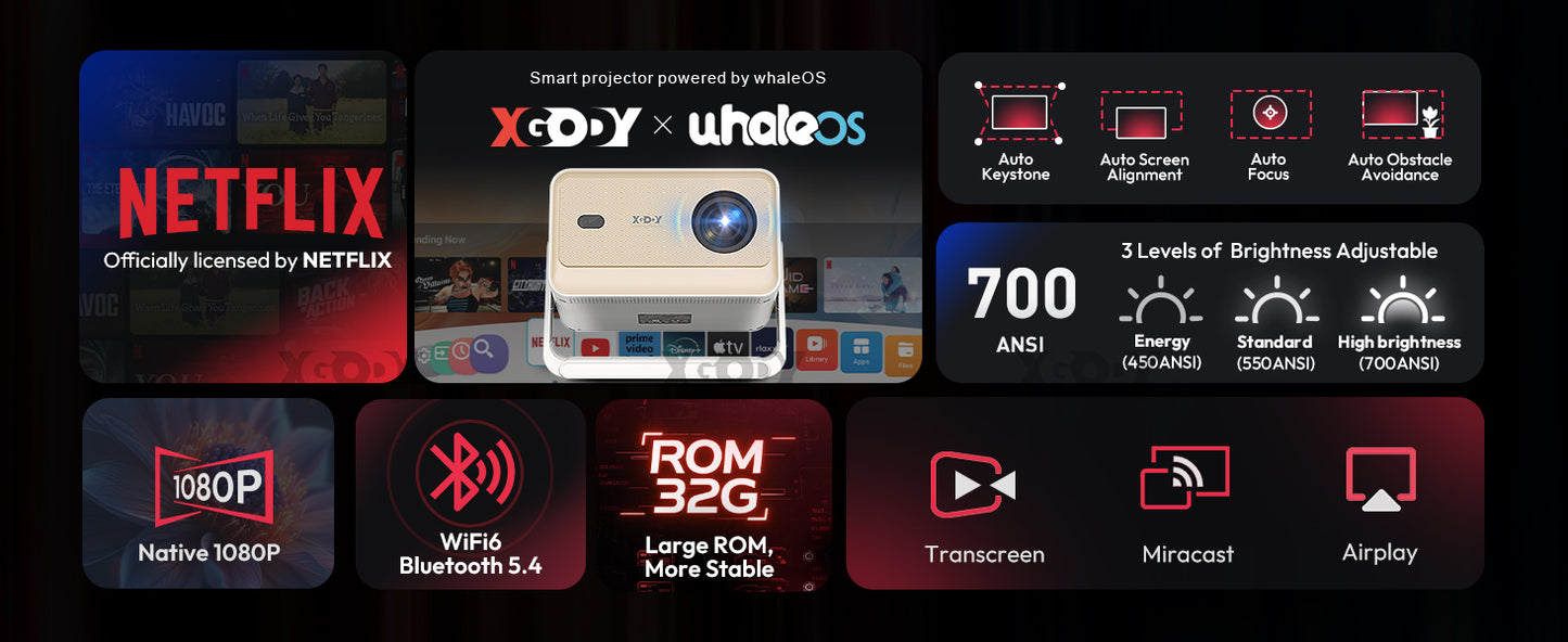 XGODY N6 Pro Netflix Officially 4K Projector Voice Control Smart Android TV Whale OS 32GB ROM for Outdoor Movie Home Theater