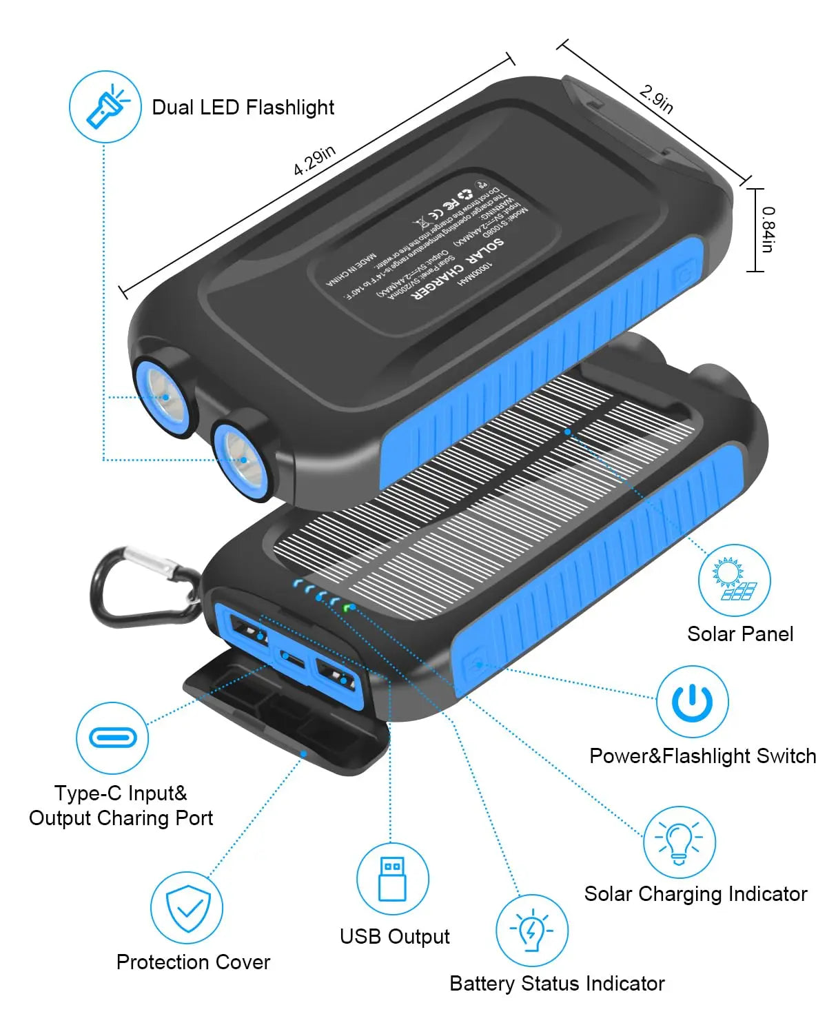 10000mAh Solar Power Bank Portable Waterproof Fast Charge Dual USB Outdoor Charger LED Light for Camping Hiking Travel