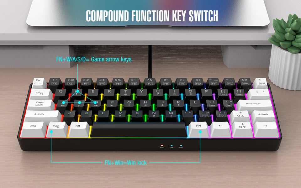 60% wired game keyboard, RGB backlit ultra-compact mini keyboard, waterproof mini compact 61 keys, suitable for PC/Mac gamers, t