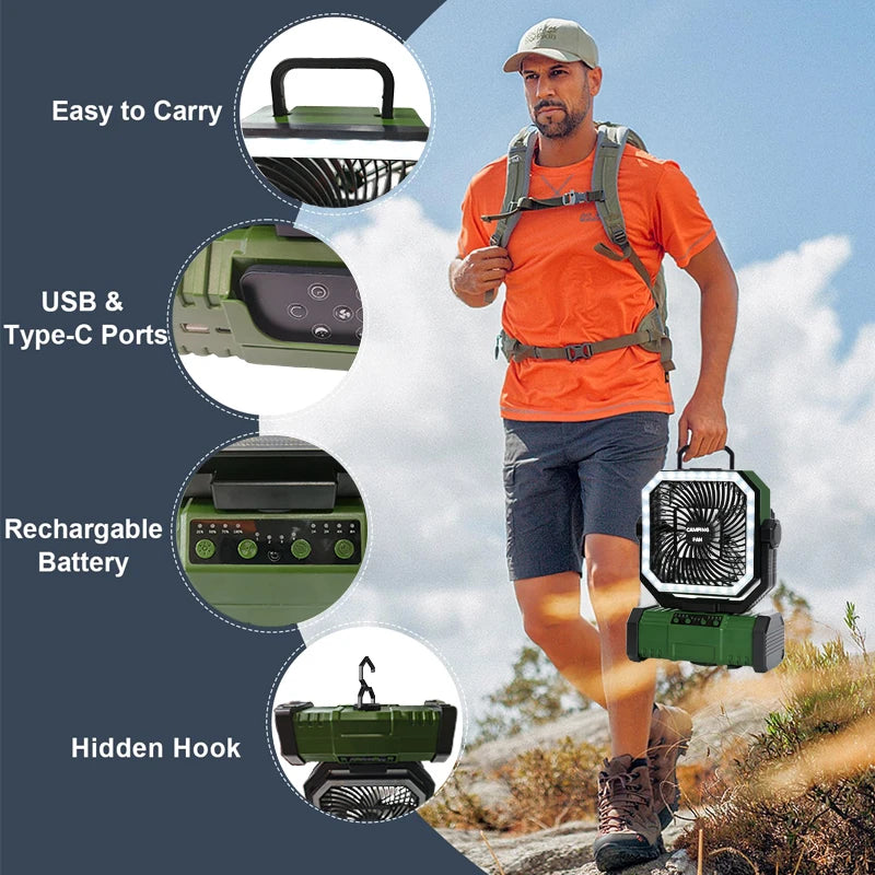 20000mAh Portable LED Camping Fan USB Rechargeable Outdoor Cooling Fan Self-contained Bluetooth speaker design Tents hiking
