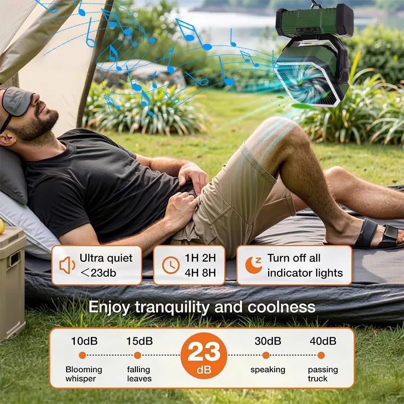 20000mAh Portable LED Camping Fan USB Rechargeable Outdoor Cooling Fan Self-contained Bluetooth speaker design Tents hiking