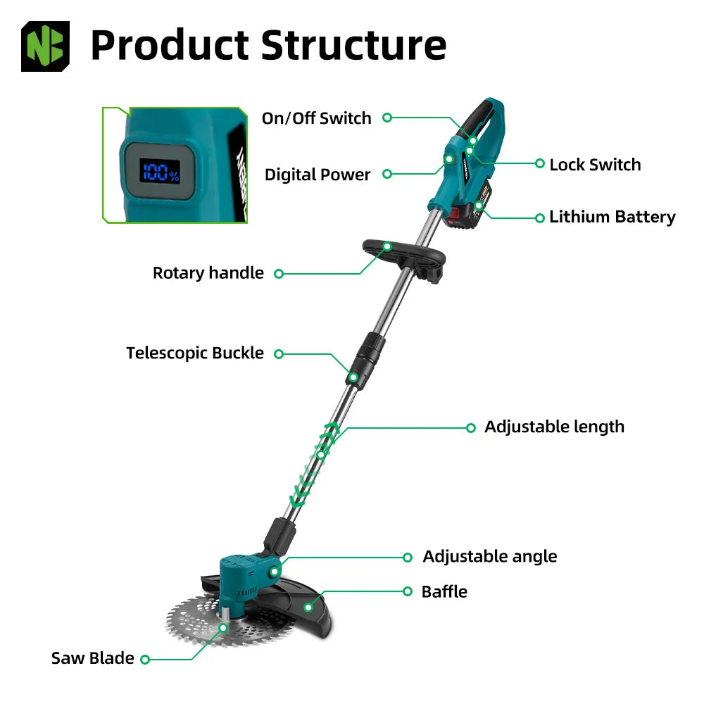 NEWBENY 4000W 9Inch Brushles Electric Lawn Mower Digital Display Grass Trimmer Repairing lawns Power Tool For Makita Battery Pin