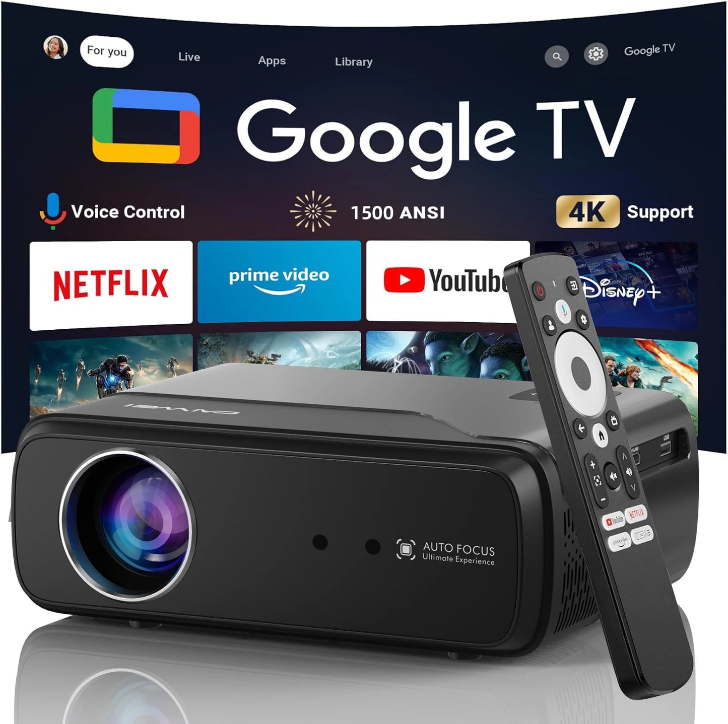 [Google TV/Android 14/Voice Control]Smart Projector 4K HD WiFi6 Netflix-Licensed Home Theater Outdoor Movie Auto Focus Projector
