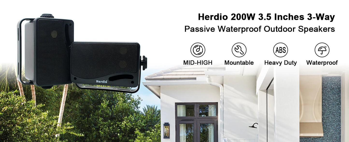 Herdio 3.5'' 2PCS Passive Outdoor Speakers Wired Waterproof 200W 3 Way Premium Mountable Wall Mount Speakers With Superior Sound
