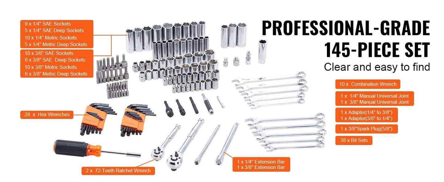 SucceBuy Mechanics Tool Set and Socket Set Deep and Standard Sockets 145/205 Pcs SAE and Metric Mechanic Tool Kit with Bits