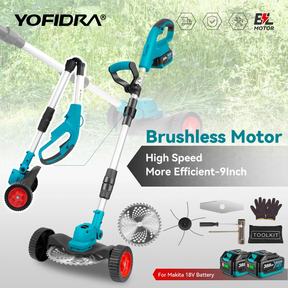 YOFIDRA 1500W Electric Lawn Mower 12000RPM Grass Trimmer Rechargeable Adjustable Garden Cutter Tool For Makita Battery Pin