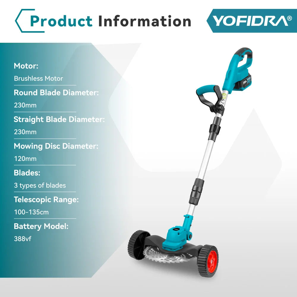 YOFIDRA 1500W Electric Lawn Mower 12000RPM Grass Trimmer Rechargeable Adjustable Garden Cutter Tool For Makita Battery Pin