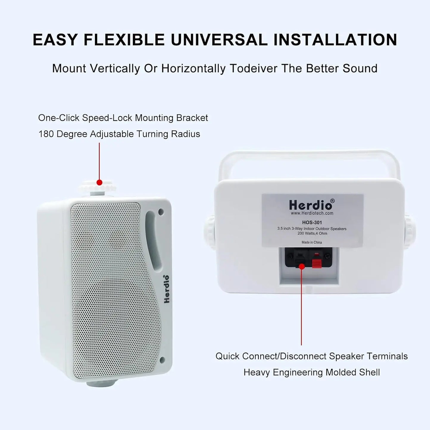 Herdio 3.5'' 2PCS Passive Outdoor Speakers Wired Waterproof 200W 3 Way Premium Mountable Wall Mount Speakers With Superior Sound