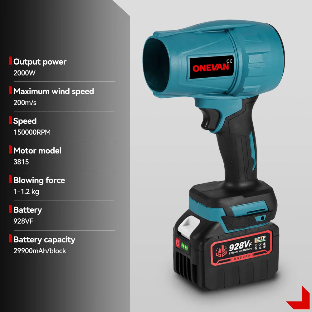 ONEVAN 2000W 200M/S Brushless Electric Turbo Fan Cordless Leaf Air Blowers Jet Fan Snow Dust Blowing Power Tool Fit 18V Battery