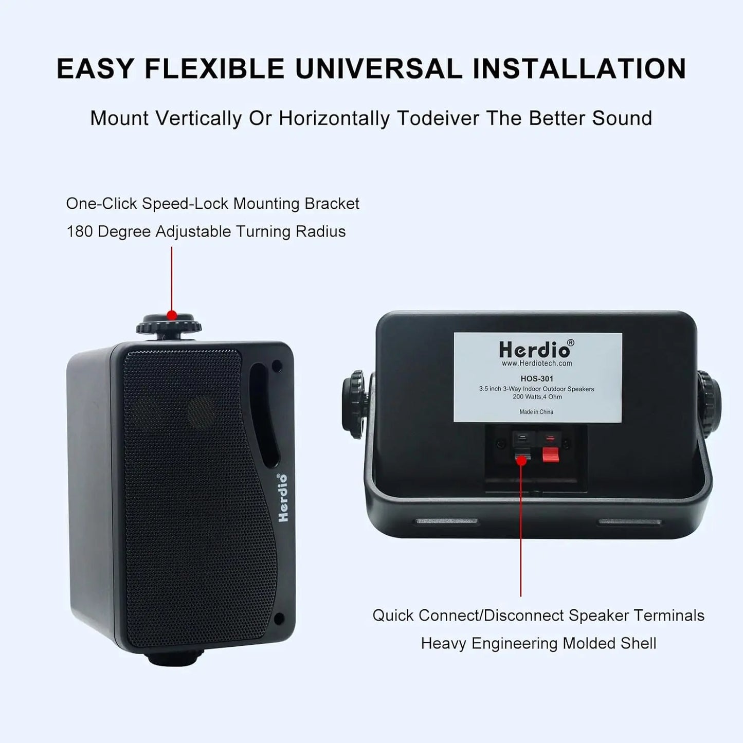 Herdio 3.5'' 2PCS Passive Outdoor Speakers Wired Waterproof 200W 3 Way Premium Mountable Wall Mount Speakers With Superior Sound