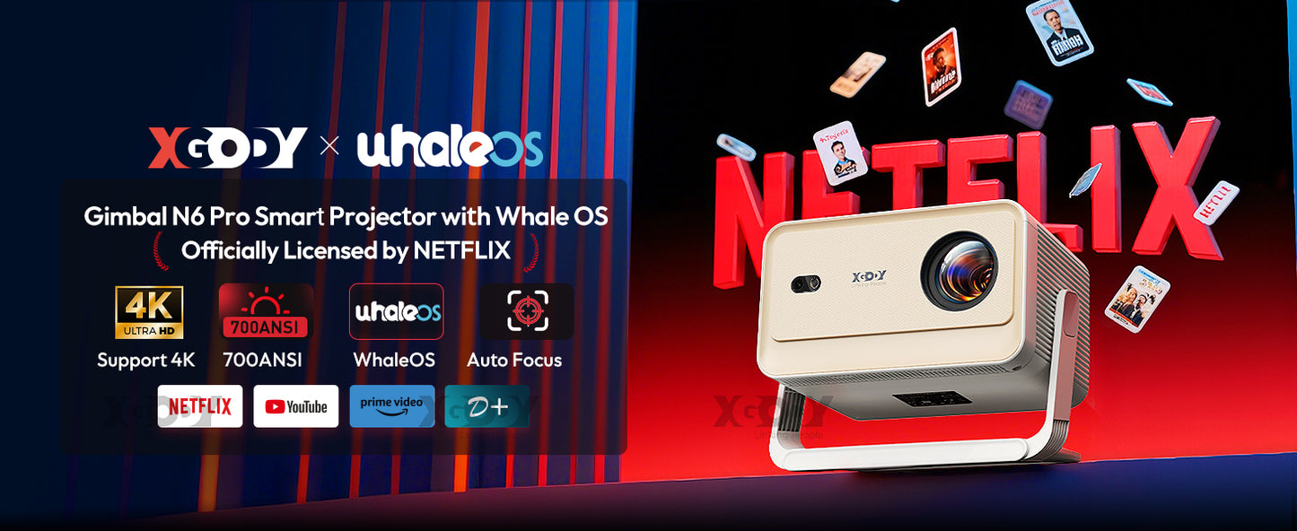 XGODY N6 Pro Netflix Officially 4K Projector Voice Control Smart Android TV Whale OS 32GB ROM for Outdoor Movie Home Theater